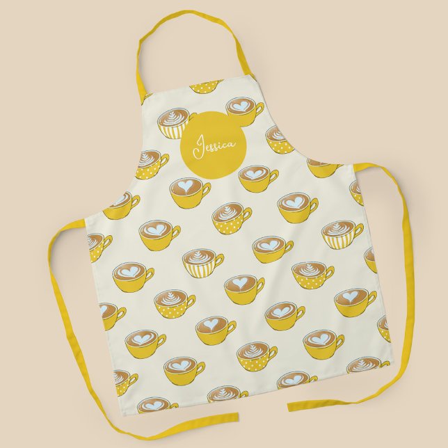 Cute Latte Art in Yellow Coffee Mugs Pattern Apron (Yellow Latte Art Mugs with Name Apron)