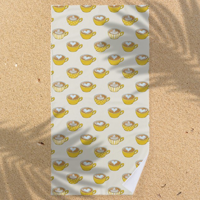 Cute Latte Art in Yellow Coffee Mugs Pattern Beach Towel (Yellow Latte Art Pattern Bath Towel)