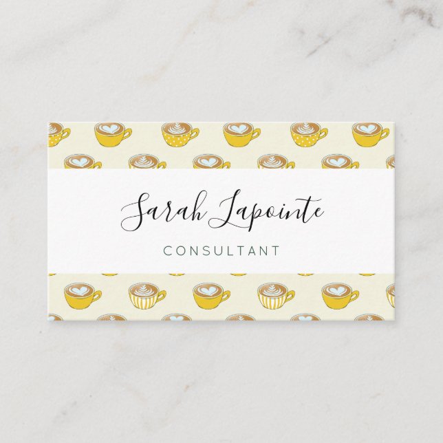 Cute Latte Art in Yellow Coffee Mugs Pattern Business Card (Front)