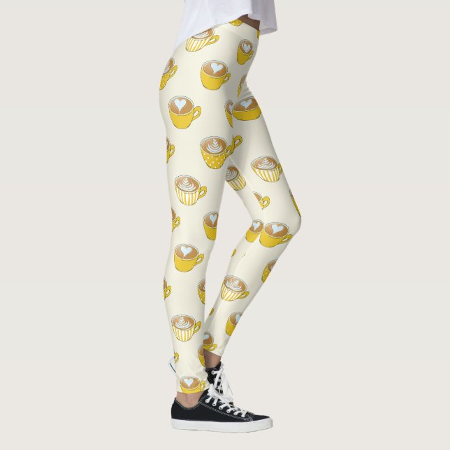 Cute Latte Art in Yellow Coffee Mugs Pattern Leggings (Right)