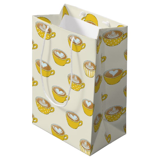 Cute Latte Art in Yellow Coffee Mugs Pattern Medium Gift Bag (Front Angled)