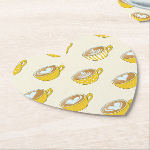 Cute Latte Art in Yellow Coffee Mugs Pattern Paper Coaster