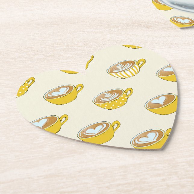 Cute Latte Art in Yellow Coffee Mugs Pattern Paper Coaster (Angled)