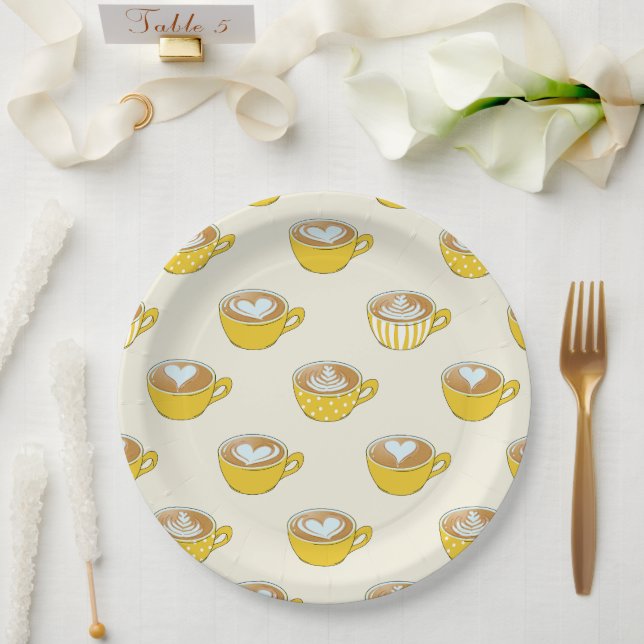 Cute Latte Art in Yellow Coffee Mugs Pattern Paper Plate (Wedding)