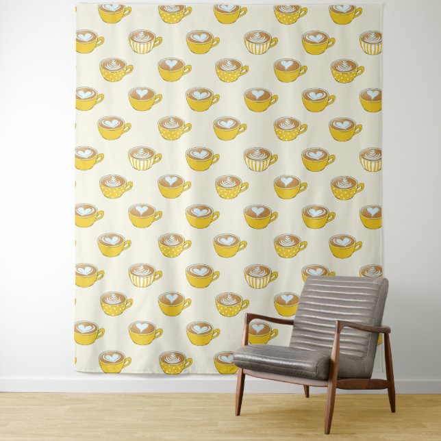 Cute Latte Art in Yellow Coffee Mugs Pattern Tapestry (In Situ)