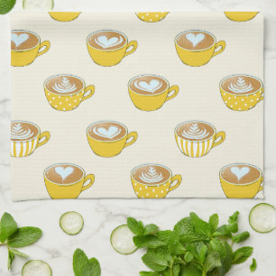 Cute Latte Art in Yellow Coffee Mugs Pattern Tea Towel