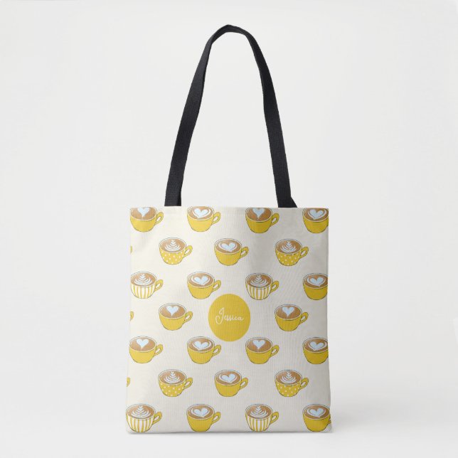 Cute Latte Art in Yellow Coffee Mugs Pattern Tote Bag (Front)