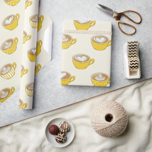 Cute Latte Art in Yellow Coffee Mugs Pattern Wrapping Paper (Crafts)