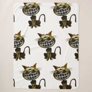 CUTE LAUGHING BLACK AND BRIGHT YELLOW CAT SHERPA BLANKET