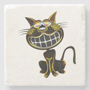 CUTE LAUGHING BLACK AND BRIGHT YELLOW CAT STONE COASTER