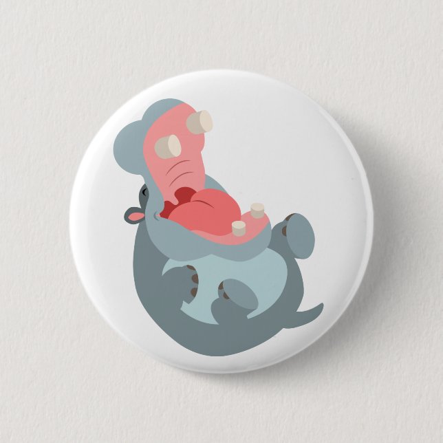 Cute Laughing Cartoon Hippo Button Badge (Front)