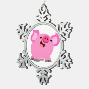 Cute Laughing Cartoon Pig Snowflake Pewter Christmas Ornament
