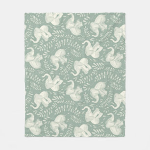 Cute Laughing Elephants in Cream and Sage Green Fleece Blanket