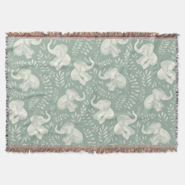Cute Laughing Elephants in Cream and Sage Green Throw Blanket (Front)