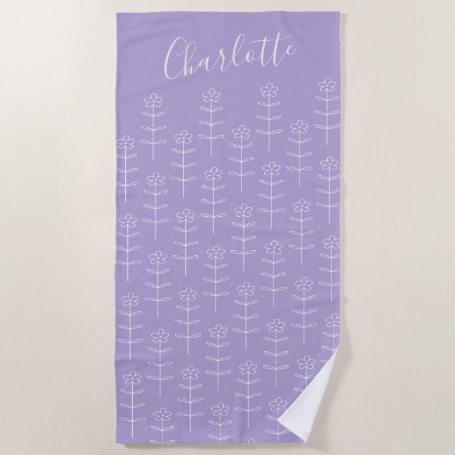 Cute Lavender Floral Line Art Personalised   Beach Towel (Front)
