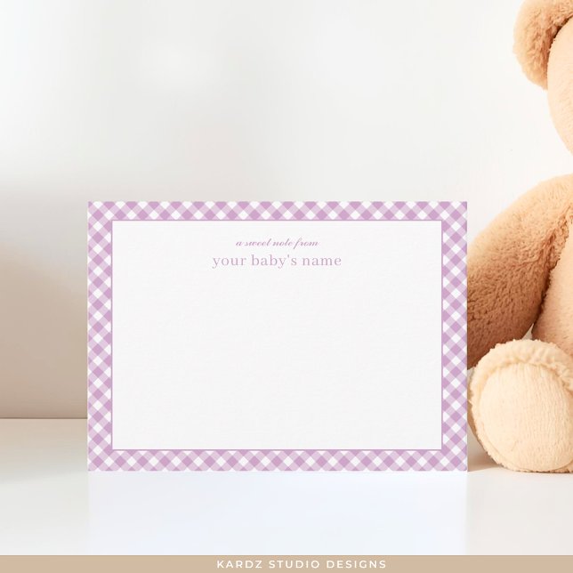 Cute Lavender Gingham Baby Nursery Note Card (Baby note card shown in 3.5 x 2.5 inches. Add the baby name and choose the paper and corner style.)