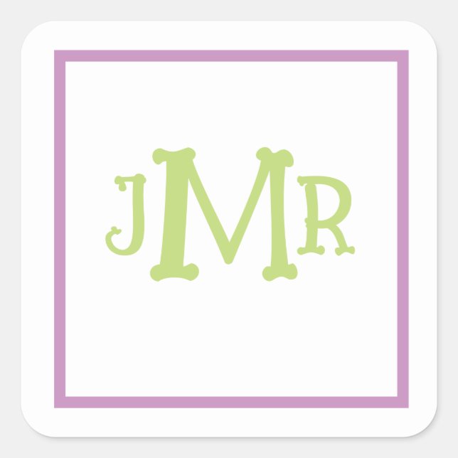 Cute Lavender & Green Monogram Initials square Square Sticker (Front)