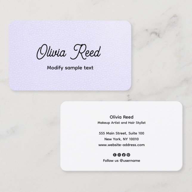 Cute Lavender Leather Script Business Card (Front/Back)