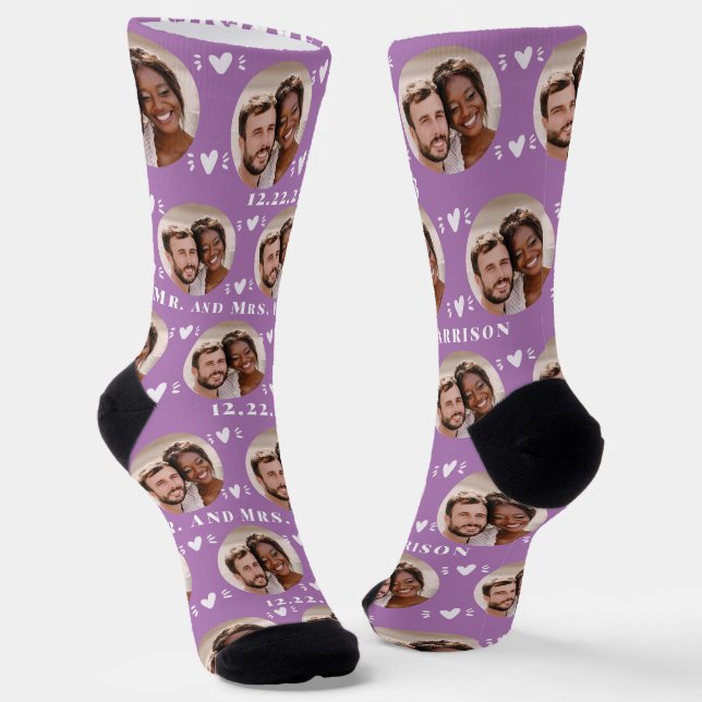 Cute Lavender Newlyweds Photo Wedding Socks (Angled)