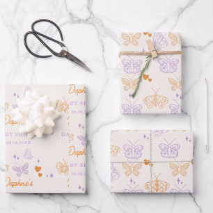 Cute Lavender & Orange Butterfly Baby Shower Wrapping Paper Sheet