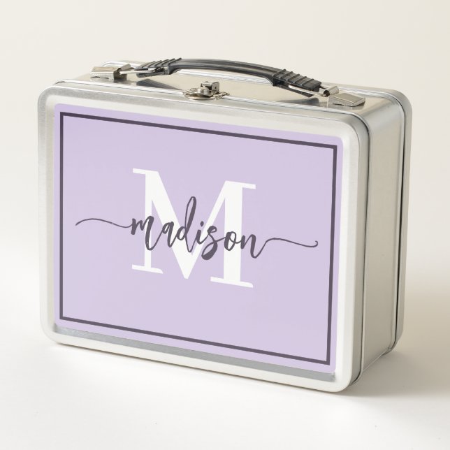 Cute Lavender Pastel Monogram Script Name Metal Lunch Box (Front)