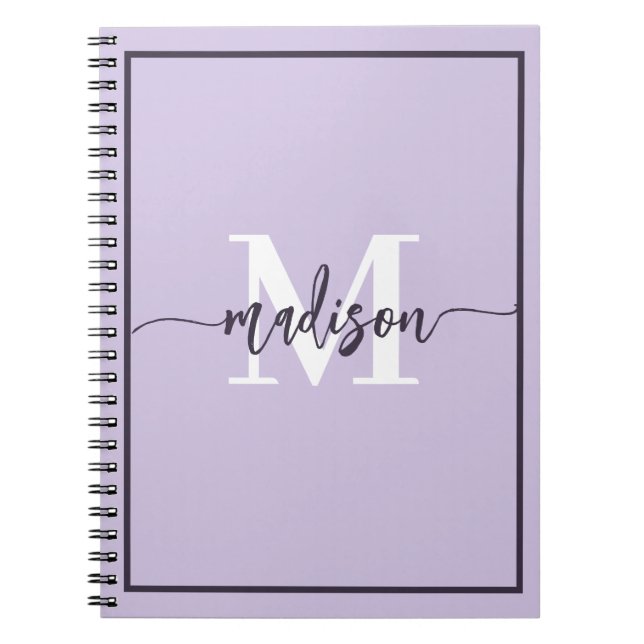 Cute Lavender Pastel Monogram Script Name Notebook (Front)