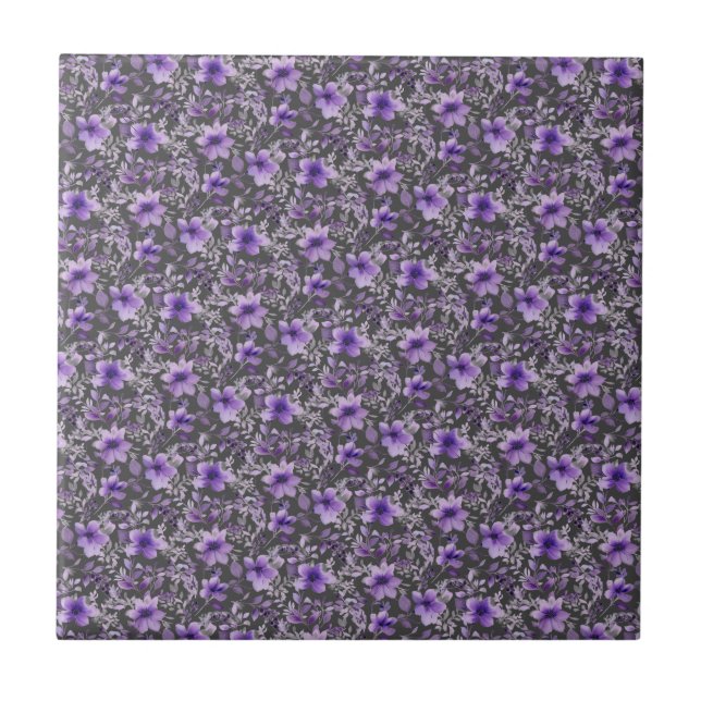 Cute lavender pattern watercolor flower dark grey tile (Front)