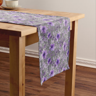Cute lavender pattern watercolor flower grey short table runner