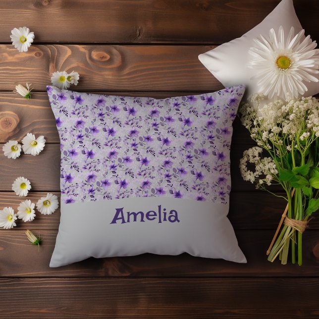 Cute lavender pattern watercolor flower name grey cushion (Creator Uploaded)
