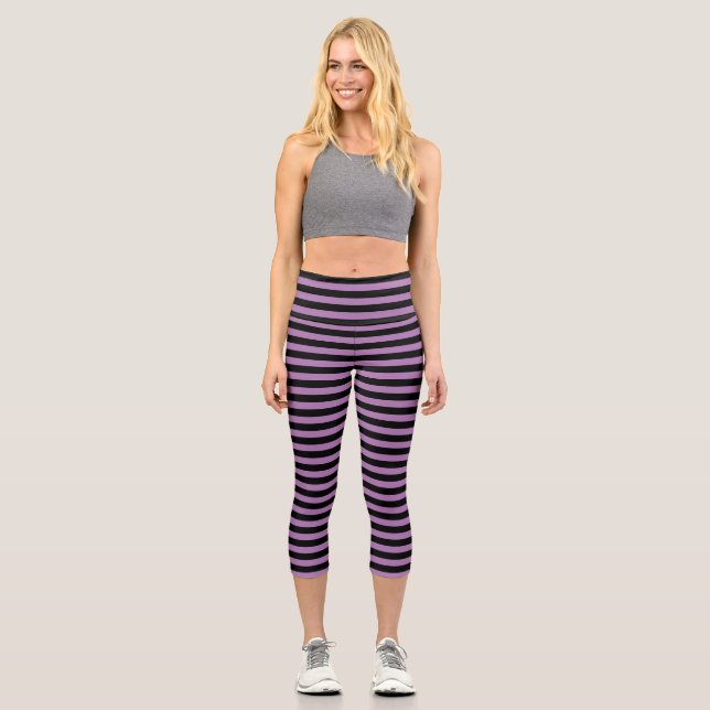 Cute Lavender Purple and Black Striped  Capri Leggings (Front)