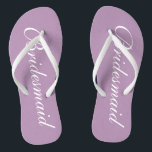 Cute lavender purple bridesmaid wedding flip flops<br><div class="desc">Cute lavender purple wedding flip flops for bridesmaids. Custom background and strap colour personalizable with name or monogram initials optional. Modern his and hers wedge sandals with stylish script calligraphy typography. Elegant party favour for beach themed wedding, marriage, bridal shower, engagement, anniversary, bbq, bachelorette, bachelor, girls weekend trip etc. Make...</div>