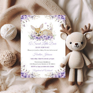 Cute Lavender Purple Floral Deer Baby Shower Invitation