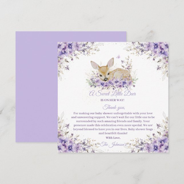 Cute Lavender Purple Floral Deer Baby Shower Thank You Card (Front/Back)