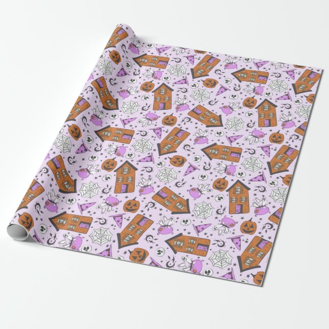Cute Lavender Purple Halloween Haunted House Art Wrapping Paper (Unrolled)