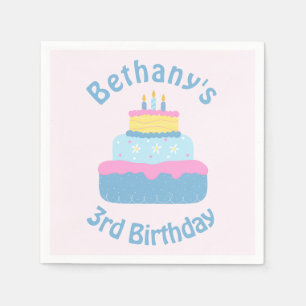 Cute Layered 3 Candles Kids Birthday Cake Custom Napkin