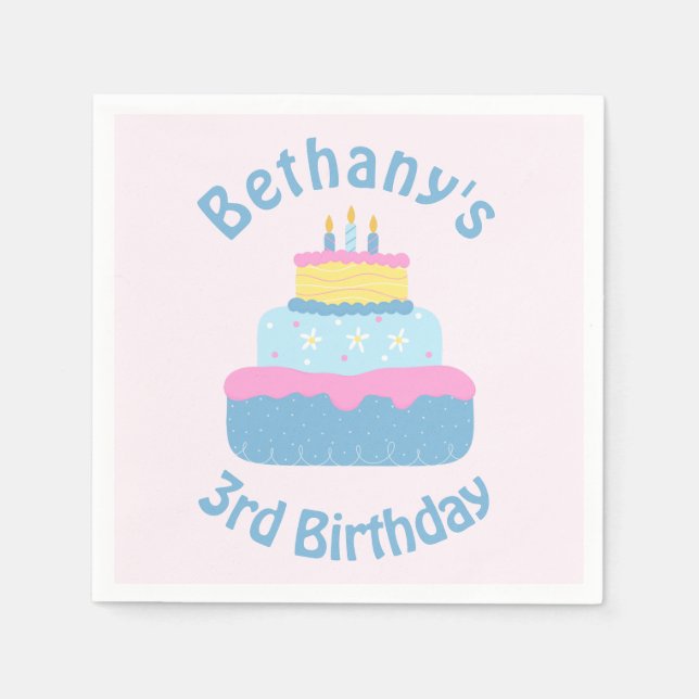 Cute Layered 3 Candles Kids Birthday Cake Custom Napkin (Front)
