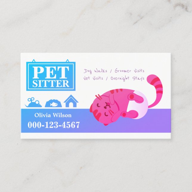 Cute Lazy Baby Cat Pet Sitting Service #2 Business Card (Front)