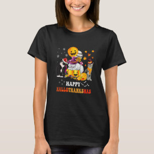 Cute Lazy Cat With Pumpkin Happy Hallowthanksmas T-Shirt