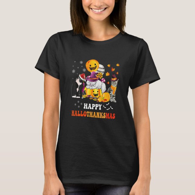Cute Lazy Cat With Pumpkin Happy Hallowthanksmas T-Shirt (Front)