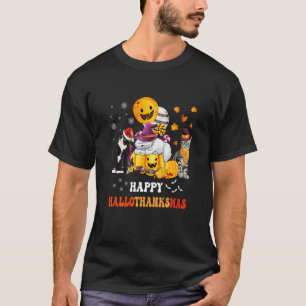 Cute Lazy Cat With Pumpkin Happy Hallowthanksmas T-Shirt