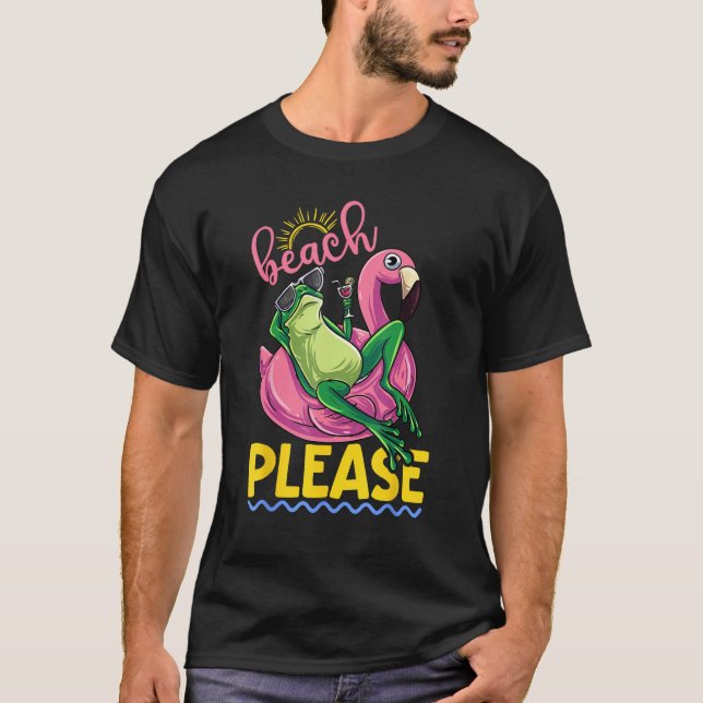Cute Lazy Frog Pink Flamingo Beach Please Summer V T-Shirt (Front)