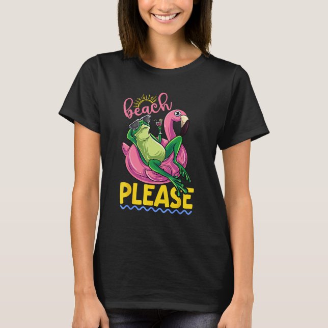 Cute Lazy Frog Pink Flamingo Beach Please Summer V T-Shirt (Front)