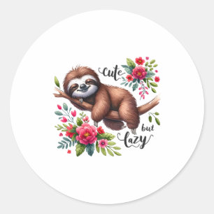 Cute Lazy Sloth Flowers Classic Round Sticker