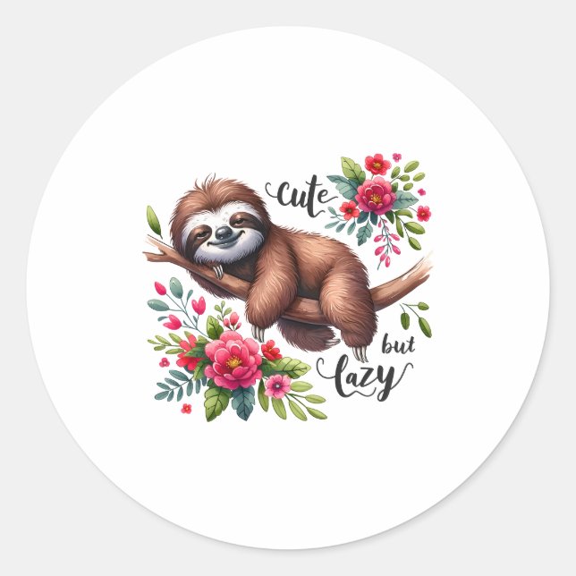 Cute Lazy Sloth Flowers Classic Round Sticker (Front)