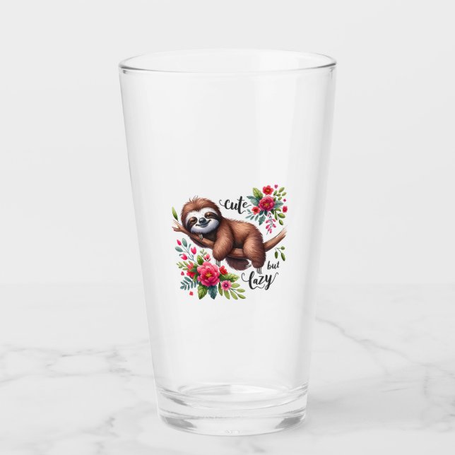 Cute Lazy Sloth Flowers Glass (Front)