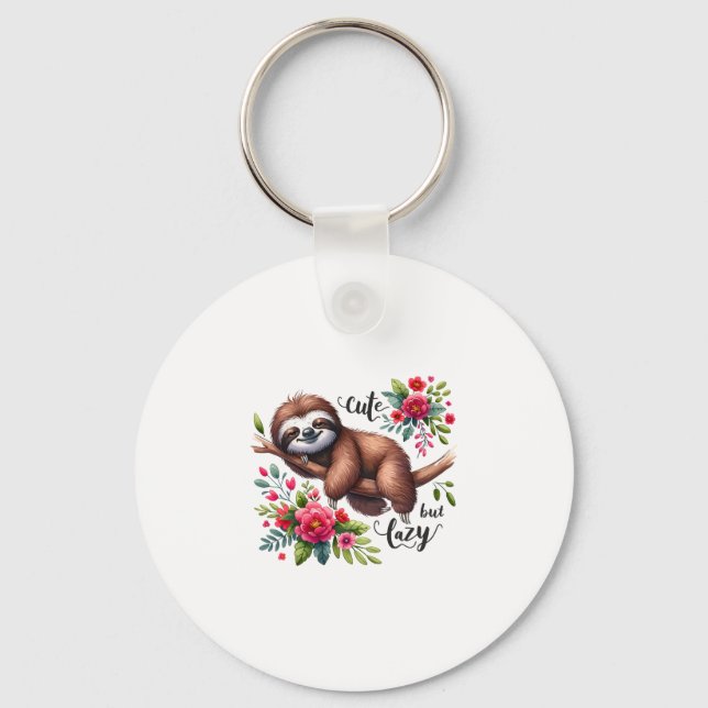 Cute Lazy Sloth Flowers Key Ring (Front)