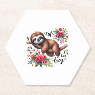 Cute Lazy Sloth Flowers Paper Coaster