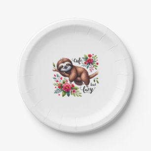 Cute Lazy Sloth Flowers Paper Plate
