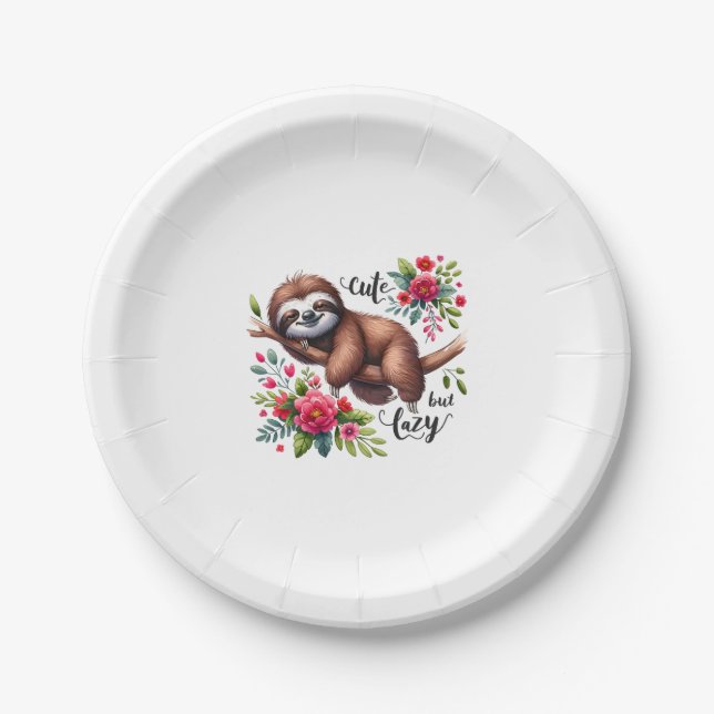 Cute Lazy Sloth Flowers Paper Plate (Front)