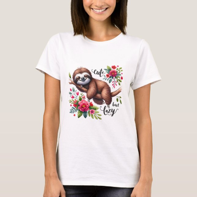 Cute Lazy Sloth Flowers T-Shirt (Front)